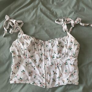 Floral White and Green Corset Crop Top
